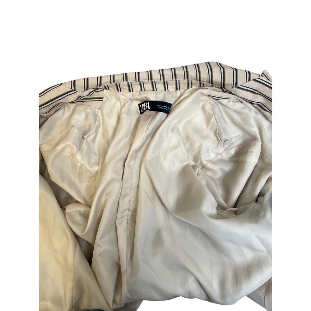 Zara Stripped Blazer Dress Jacket Double Breasted Size M Beige - Picture 3 of 6